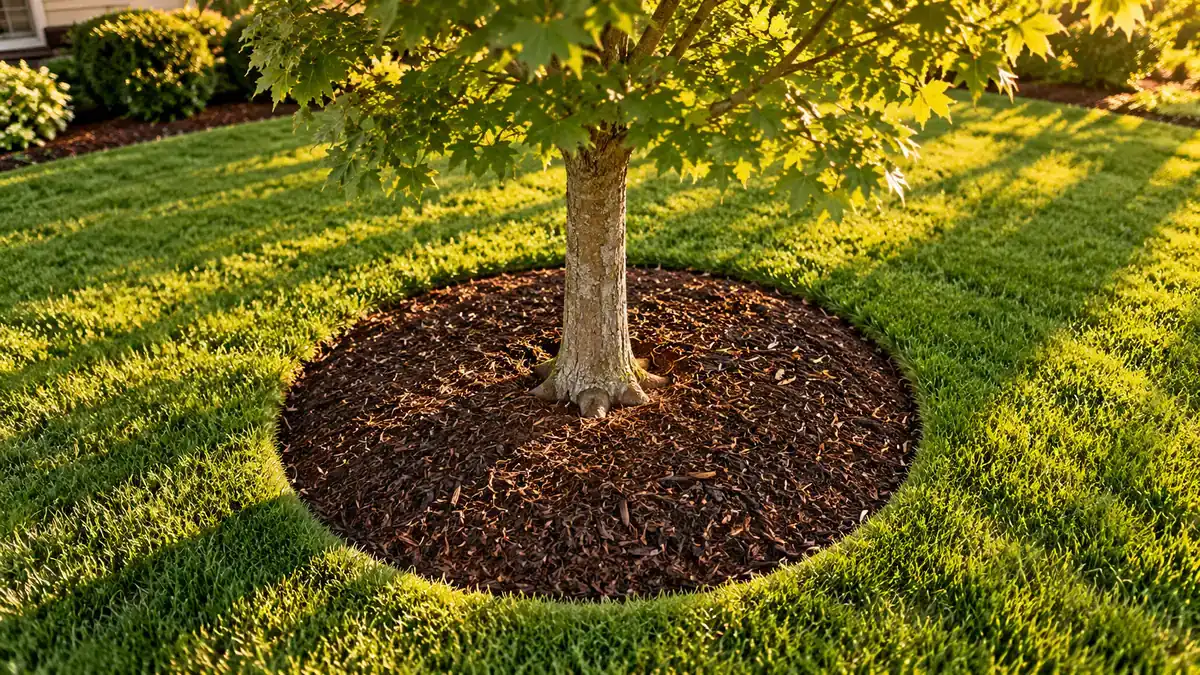 Wide, flat ring of fresh mulch around a young tree, kept off the trunk