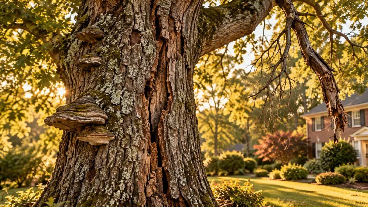 Oak trunk with a crack and fungus growing at the base, signs of a dying tree