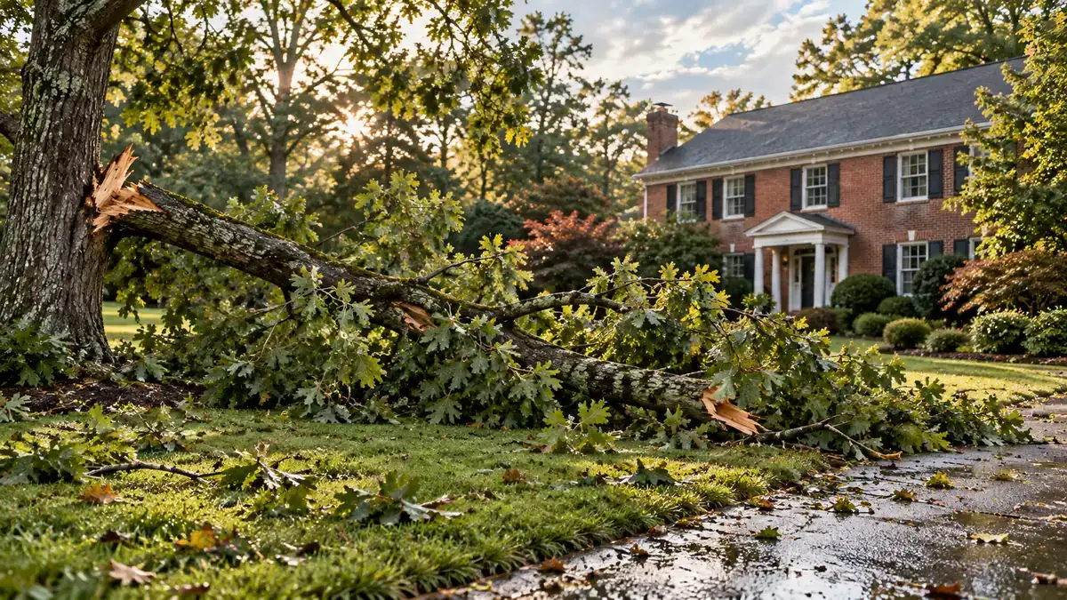 Large limb broken off by a storm lying on a residential lawn