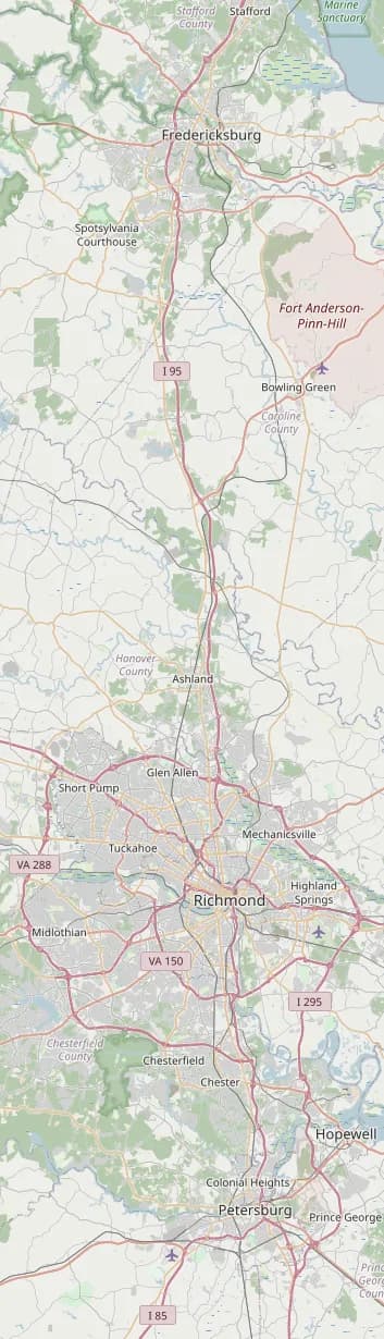 Map showing the cities MG Tree Service serves, including Richmond, Mechanicsville, Glen Allen, Wyndham, Woodlake