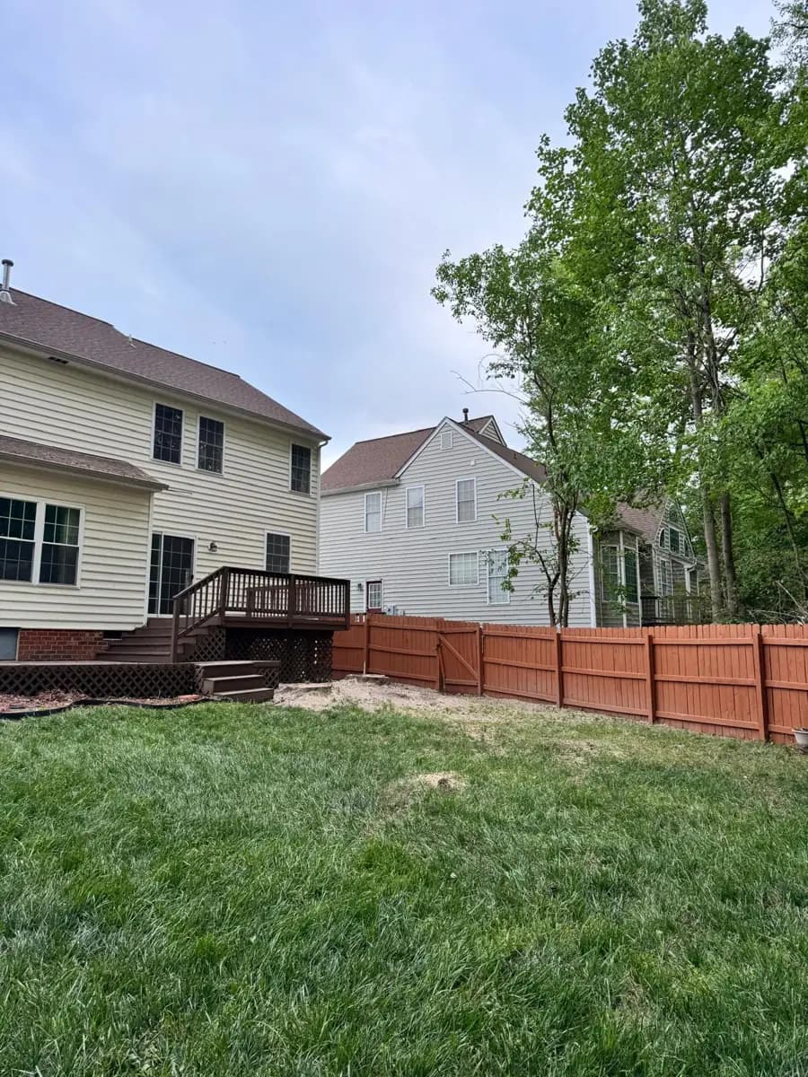 Backyard cleaned up after a tree removal, with the house and fence intact